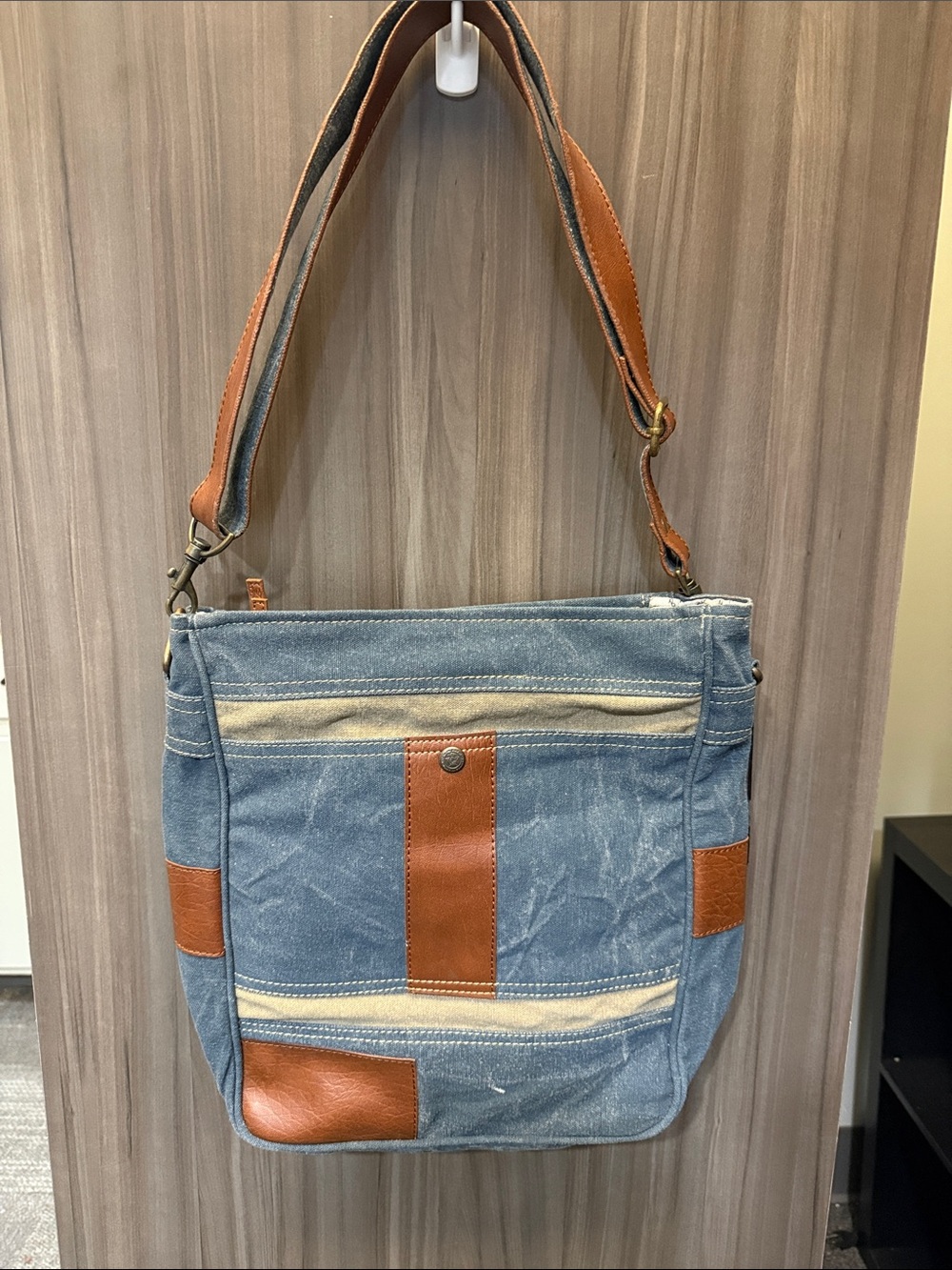 Mona B Blue Denim Crossbody with Brown Trim - Picture 3 of 6